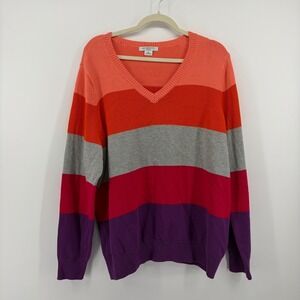 Liz Claiborne Sweater 2X Multicolor Striped V-Neck 100% Cotton Knit Pullover